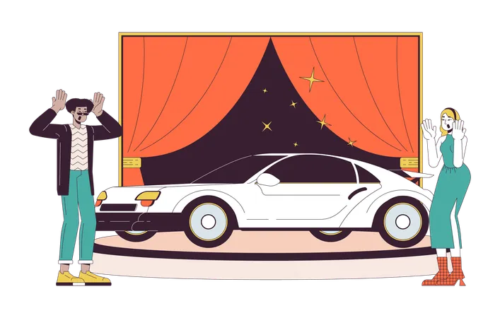 Diverse Couple Buying New Car Line Cartoon Flat Illustration Man And Woman Impressed By Modern Auto 2 D Lineart Characters Isolated On White Background Car Dealership Scene Vector Color Image Illustration