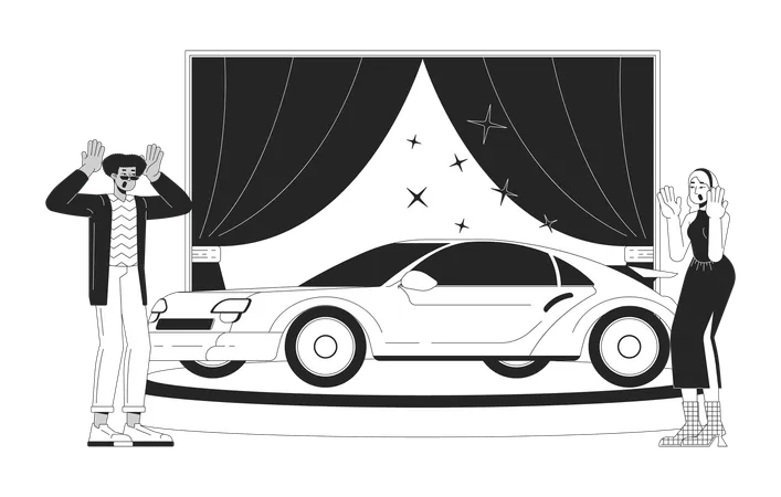 Diverse Couple Buying New Car Black And White Cartoon Flat Illustration Man And Woman Impressed By Modern Auto 2 D Lineart Characters Isolated Car Dealership Monochrome Scene Vector Outline Image Illustration