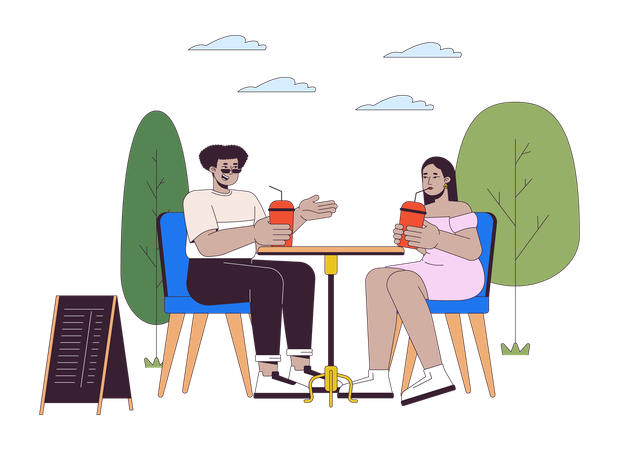 Diverse couple of plus sized people in cafe  Illustration