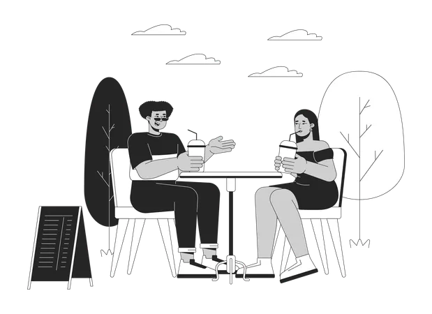 Diverse Couple Of Plus Sized People In Cafe Black And White Cartoon Flat Illustration Friends With Overweight Outing 2 D Lineart Characters Isolated Lifestyle Monochrome Scene Vector Outline Image Illustration