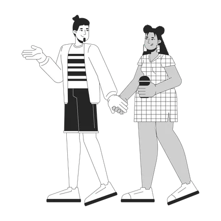 Diverse Couple Walking Together Black And White 2 D Line Cartoon Characters Caucasian Man With Latin Woman On Date Isolated Vector Outline People Relationship Monochromatic Flat Spot Illustration Illustration