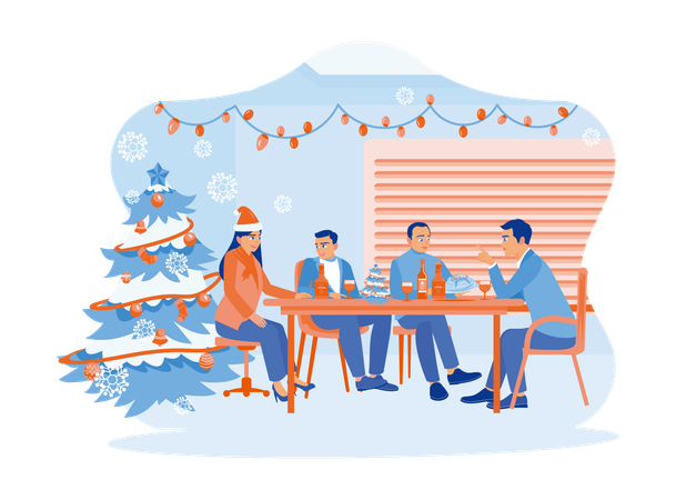 Diverse coworkers sitting together around a wooden table for Christmas party  Illustration