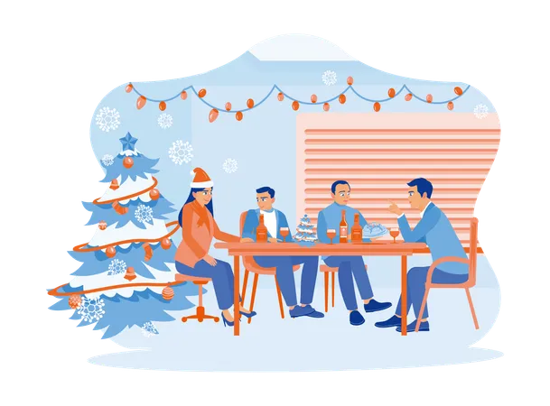 Diverse coworkers sitting together around a wooden table for Christmas party  Illustration