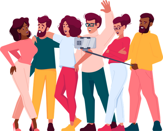 Diverse Ethnicity People With Happy Faces Stand Together Holding Camera Illustration