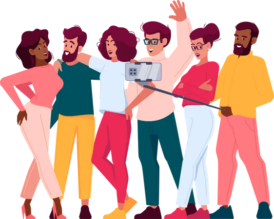 Diverse Ethnicity People With Happy Faces Stand Together Holding Camera Illustration