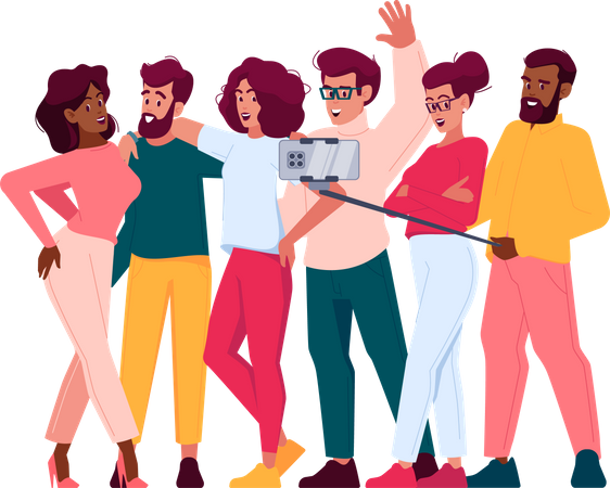 Diverse Ethnicity People With Happy Faces Stand Together Holding Camera  Illustration