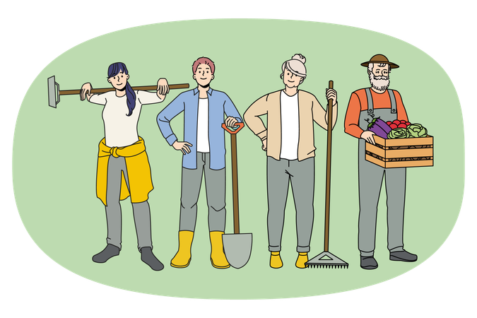 Diverse farmers with tools engaged in agriculture  Illustration
