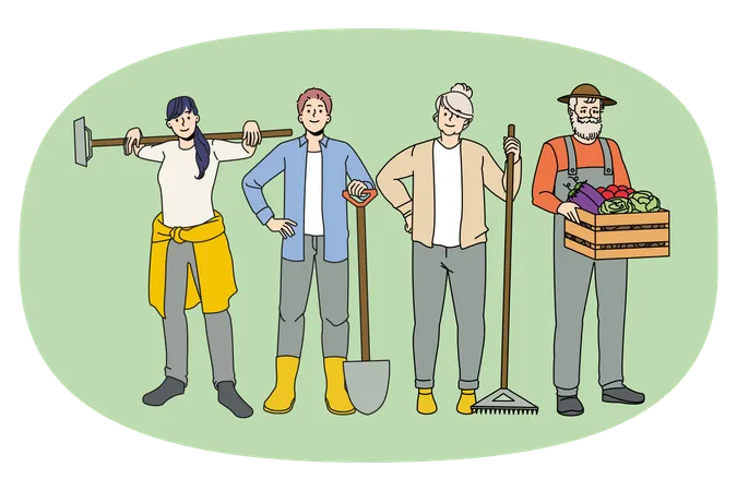 Diverse farmers with tools engaged in agriculture  Illustration