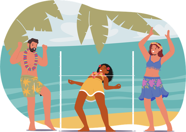 Diverse Friends Participating In Limbo Dance At Sunny Beach Party  Illustration