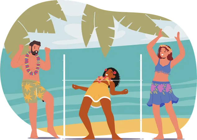 Diverse Friends Participating In Limbo Dance At Sunny Beach Party  Illustration