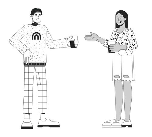 Diverse Friends Talking At Party Black And White 2 D Line Cartoon Characters Young Man And Woman Holding Drinks Isolated Vector Outline People Informal Event Monochromatic Flat Spot Illustration Illustration