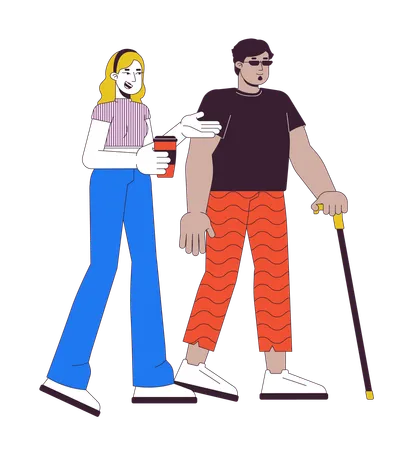 Diverse Friends Walking Together 2 D Linear Cartoon Characters Arab Man With Blindness And Caucasian Woman Isolated Line Vector People White Background Inclusion Color Flat Spot Illustration Illustration