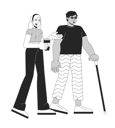 Diverse Friends Walking Together Black And White 2 D Line Cartoon Characters Arab Man With Blindness And Caucasian Woman Isolated Vector Outline People Inclusion Monochromatic Flat Spot Illustration Illustration