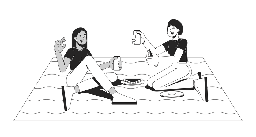 ピクニックを楽しむ多様な女友達  イラスト