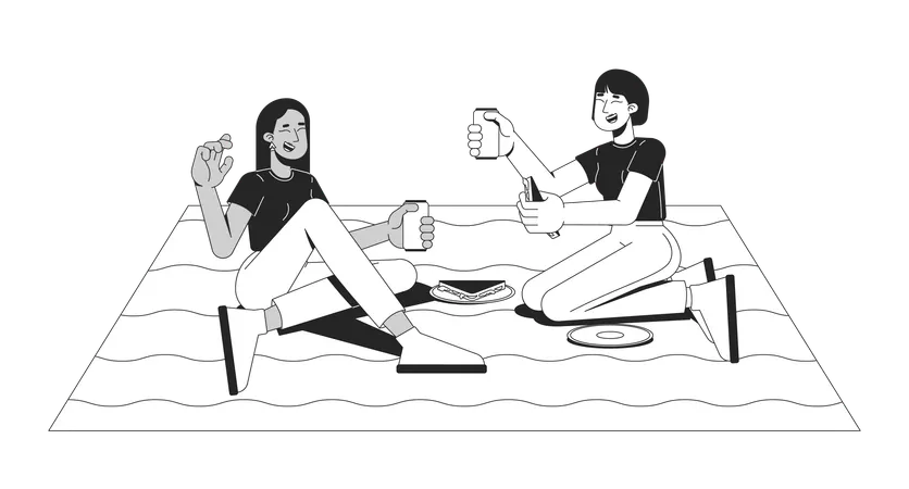ピクニックを楽しむ多様な女友達  イラスト