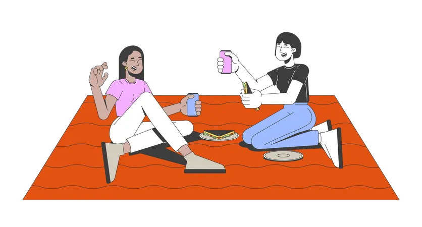 Diverse girlfriends enjoying picnic  Illustration