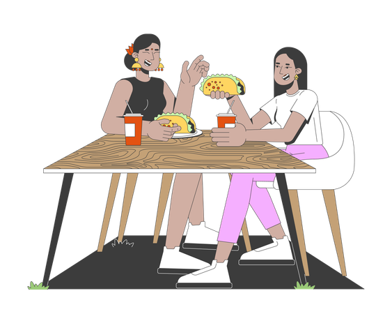 Diverse girls friends enjoying tacos and drinks at wooden table  Illustration