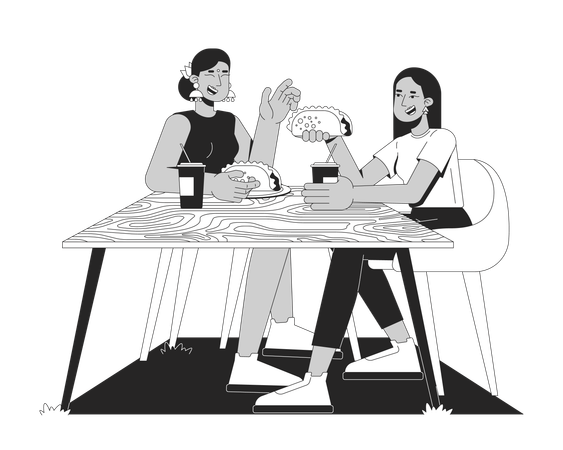 Diverse girls friends enjoying tacos and drinks at wooden table  Illustration
