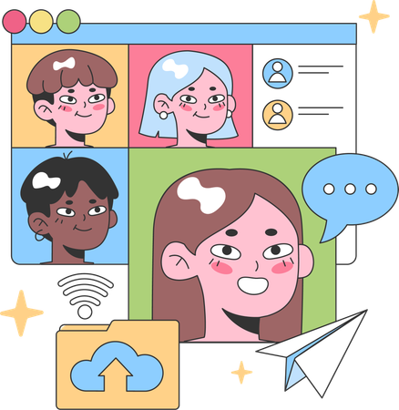 Diverse group of friends engages in online chat platform  일러스트레이션