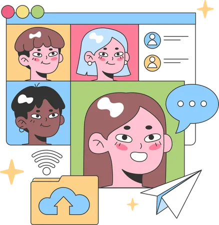 Diverse group of friends engages in online chat platform  일러스트레이션