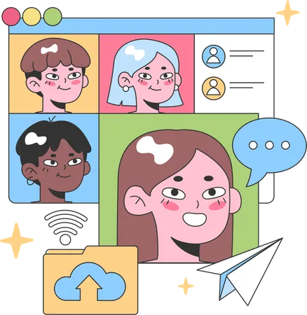 Diverse group of friends engages in online chat platform  Illustration