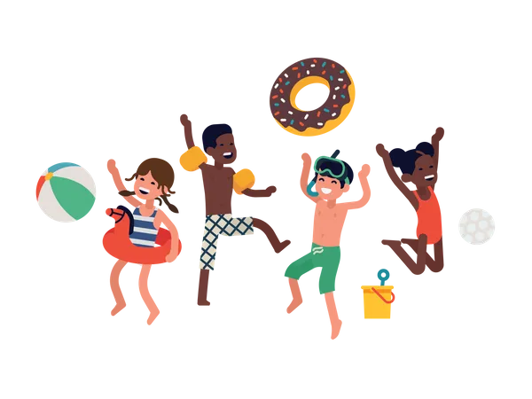 Concept Vector Illustration On Diverse Group Of Happy Cheerful Kids Jumping And Laughing Wearing Swimsuits And Waterside And Beach Activities Items Like Inflatable Rings Balls And Other Toys Illustration