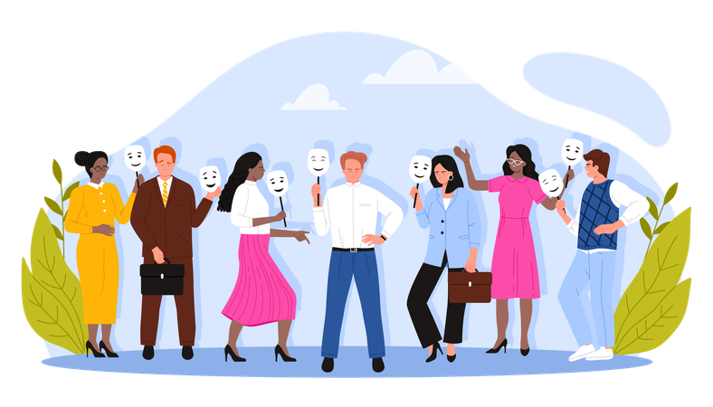Diverse Group of Individuals Holding Various Masks  Illustration