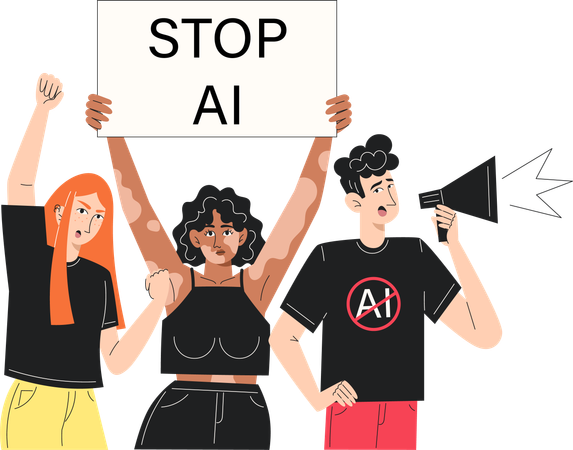 Diverse Group of Men and Women Protesting Against Artificial Intelligence  Illustration
