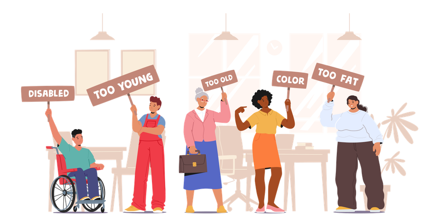 Diverse Group Of People Holding Signs Protesting Discrimination In The Workplace. Signs Highlight Various Types Of Bias  Illustration