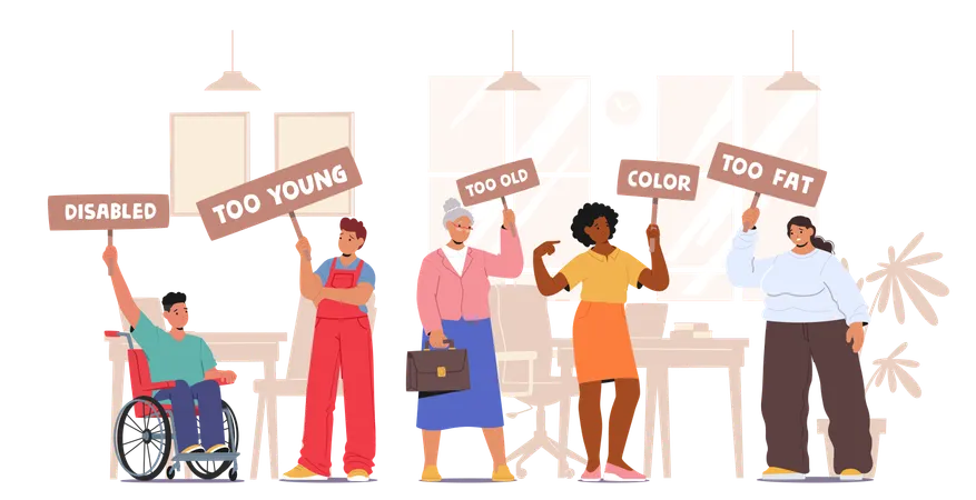 Diverse Group Of People Holding Signs Protesting Discrimination In The Workplace. Signs Highlight Various Types Of Bias  Illustration