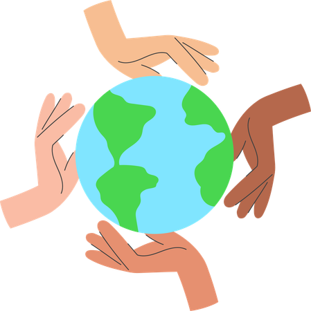 Diverse group of people with different skin tones reaching out to touch planet Earth in unity and care  Illustration