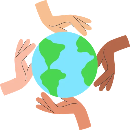 Diverse group of people with different skin tones reaching out to touch planet Earth in unity and care  Illustration
