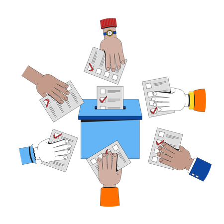 Diverse hands casting ballots into voting box  Illustration