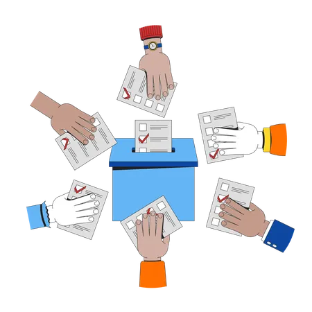 Diverse hands casting ballots into voting box  Illustration