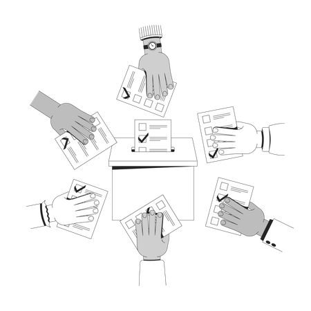 Diverse hands casting ballots into voting box  Illustration