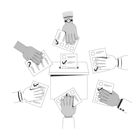 Diverse hands casting ballots into voting box  Illustration