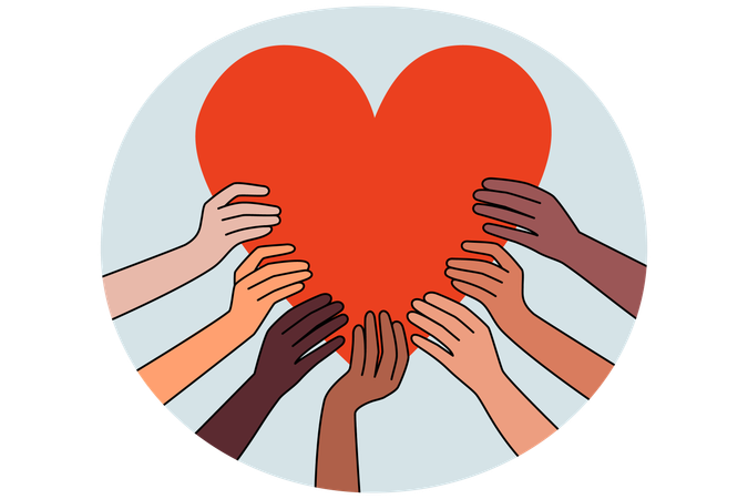 Diverse hands hold huge heart share love  Illustration