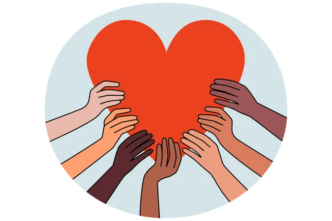 Diverse hands hold huge heart share love  Illustration