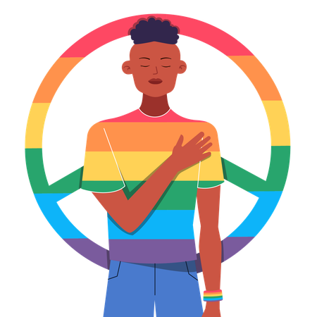 Diverse Individual with Rainbow Pride Shirt and Peace Symbol  Illustration