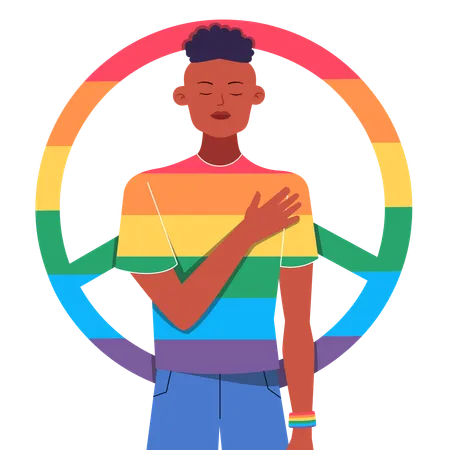 Diverse Individual with Rainbow Pride Shirt and Peace Symbol  Illustration