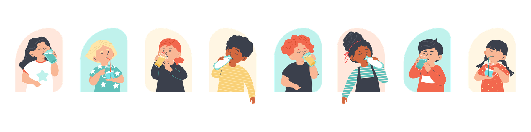 Diverse kids drinking water juice and milk from glass bottles and cups  Illustration