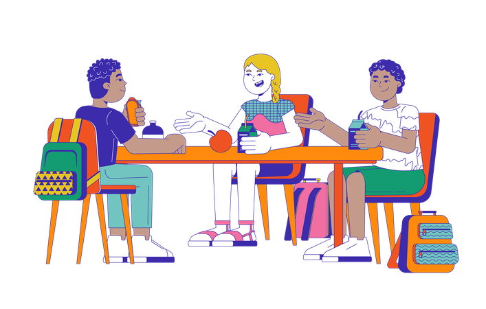 Diverse kids eating lunch together  Illustration