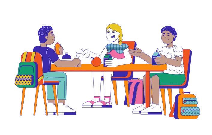 Diverse kids eating lunch together  Illustration