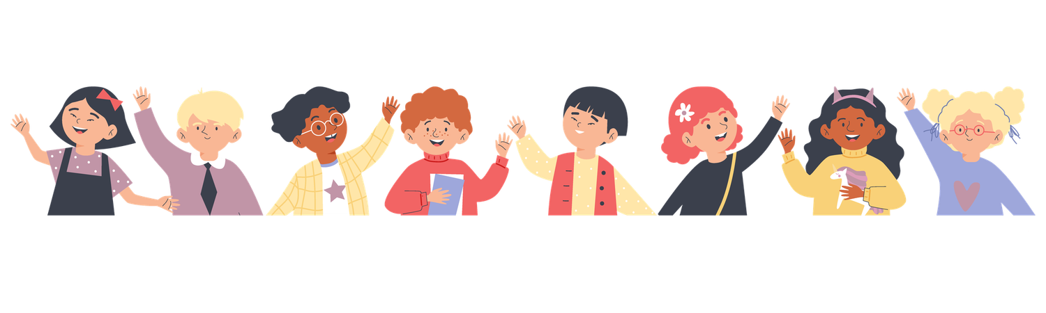 Diverse kids hand wave hello  Illustration