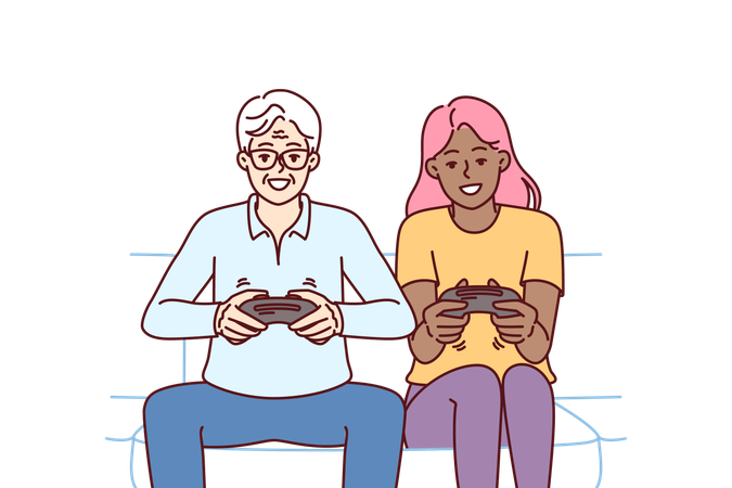 Diverse man and woman with joysticks are sitting on sofa playing game fighting virtual characters  일러스트레이션