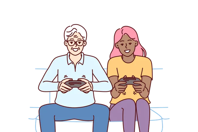 Diverse man and woman with joysticks are sitting on sofa playing game fighting virtual characters  Illustration