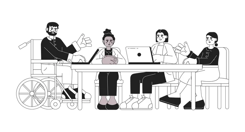 Diverse Meeting Work Black And White Cartoon Flat Illustration Diversity People Discussion Linear 2 D Characters Isolated Brainstorming Employees Coworkers Boardroom Monochromatic Scene Vector Image Illustration