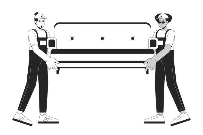 Diverse Men Furniture Movers Black And White Cartoon Flat Illustration Moving Company Workers Carrying Sofa 2 D Lineart Characters Isolated Relocation Service Monochrome Scene Vector Outline Image Illustration