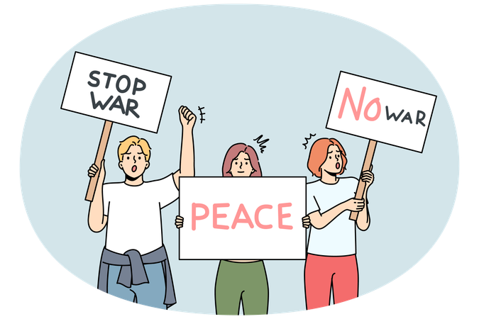 Verschiedene Menschen mit Plakaten zum Thema Anti-Krieg  Illustration