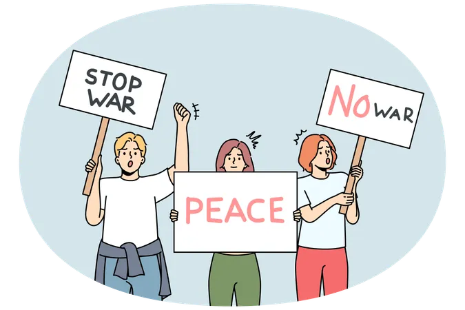 Verschiedene Menschen mit Plakaten zum Thema Anti-Krieg  Illustration